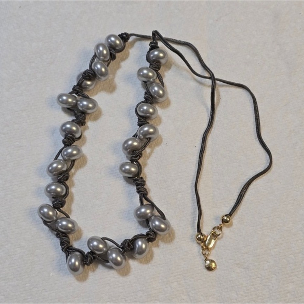 J. Crew Grey Faux Pearl Knotted Cord Necklace Gold Tone Lobster Clasp Logo Charm